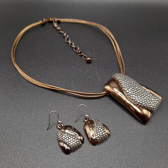 Chico's Bronze Silver Pendant Necklace Drop Earrings Set, Three Gold Cords, 20" - Picture 6 of 12